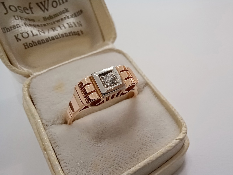 zlatý dámský prsten s diamantem, Art Deco, Au 585/1000, 14 kt, Vídeň