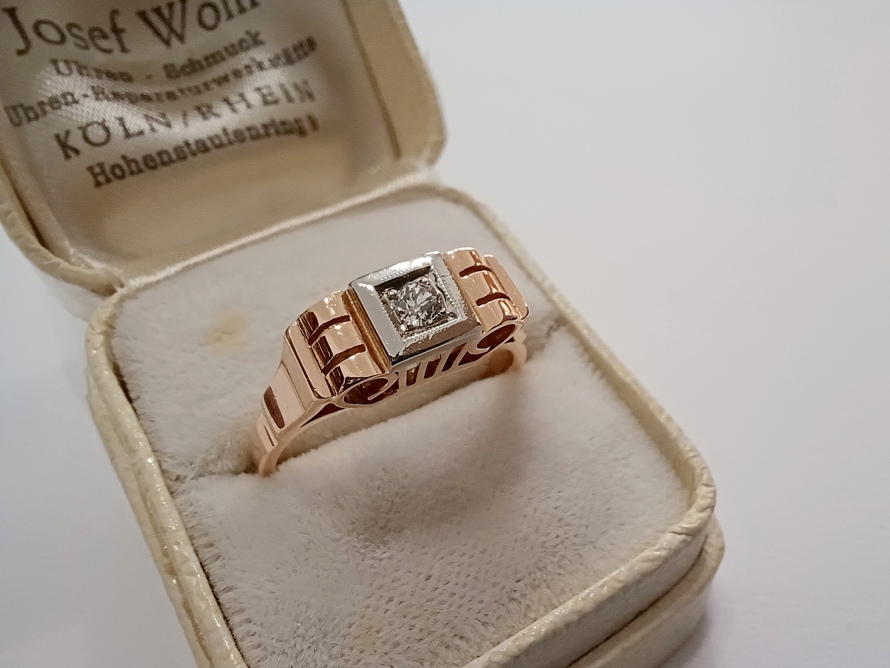zlatý dámský prsten s diamantem, Art Deco, Au 585/1000, 14 kt, Vídeň