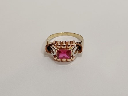 zlatý dámský prsten s rubínem, Au 585/1000, 14 kt, Art Deco, I.ČSR