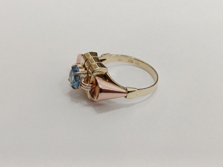 zlatý prsten se safírem, Au 585/1000, 14 kt, Art Deco, I.ČSR
