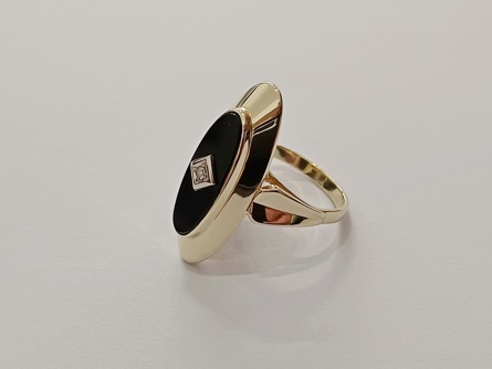 dámský zlatý prsten, onyx + diamant, ryzost 585/14k, 5,20 g, I.ČSR