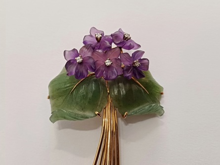 Starožitná zlatá brož - fialky, ryzost 750/18k, 14,50 g, Art Deco