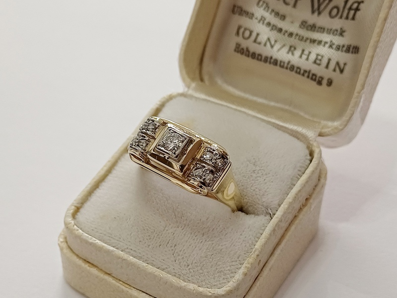 zlatý dámský prsten s diamanty, Au 585/1000, 14 kt, Art Deco