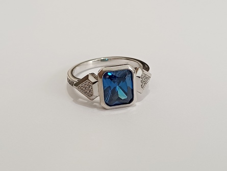 stříbrný prsten s modrým kamenem, styl Art Deco, safír, Ag 925/1000