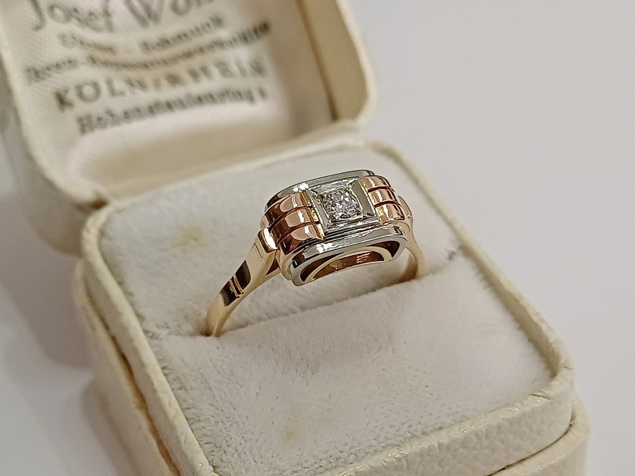 zlatý dámský prsten s diamantem, Art Deco, Au 585/1000, 14 kt, I. ČSR