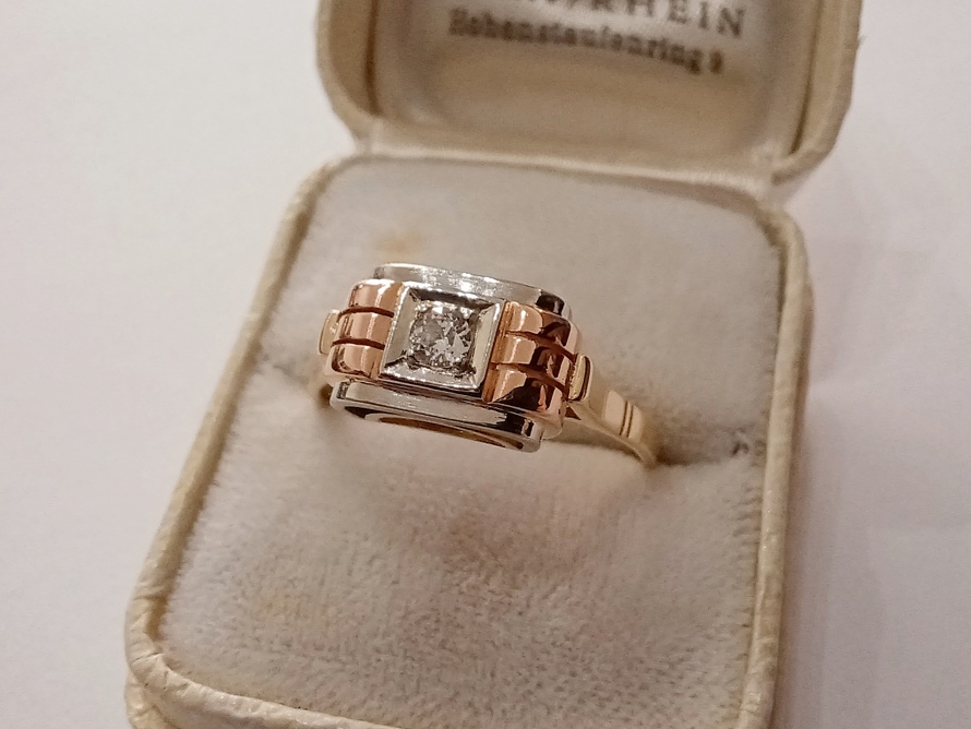 zlatý dámský prsten s diamantem, Art Deco, Au 585/1000, 14 kt, I. ČSR