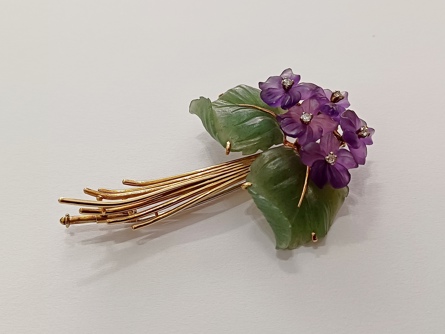 Starožitná zlatá brož - fialky, ryzost 750/18k, 14,50 g, Art Deco