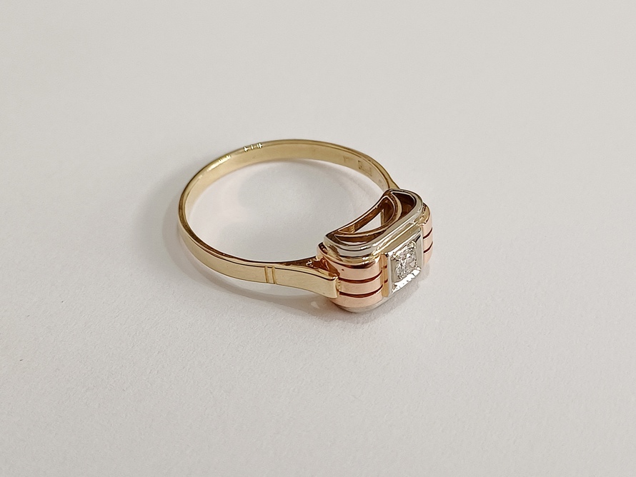 zlatý dámský prsten s diamantem, Art Deco, Au 585/1000, 14 kt, I. ČSR