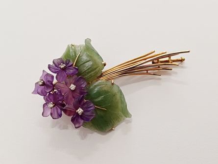 Starožitná zlatá brož - fialky, ryzost 750/18k, 14,50 g, Art Deco