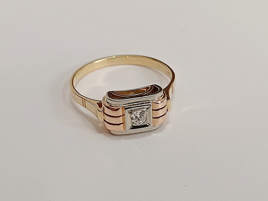 zlatý dámský prsten s diamantem, Art Deco, Au 585/1000, 14 kt, I. ČSR
