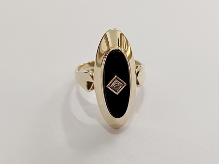 dámský zlatý prsten, onyx + diamant, ryzost 585/14k, 5,20 g, I.ČSR