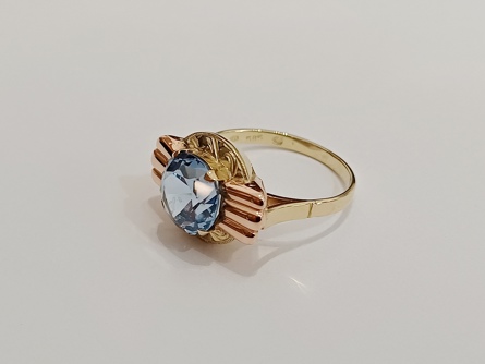 zlatý prsten se safírem, Au 585/1000, 14 kt, Art Deco, I.ČSR