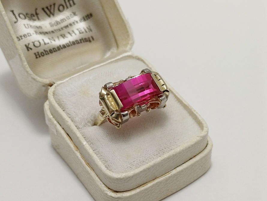 zlatý dámský prsten s rubínem, Au 585/1000, 14 kt, Art Deco, I.ČSR