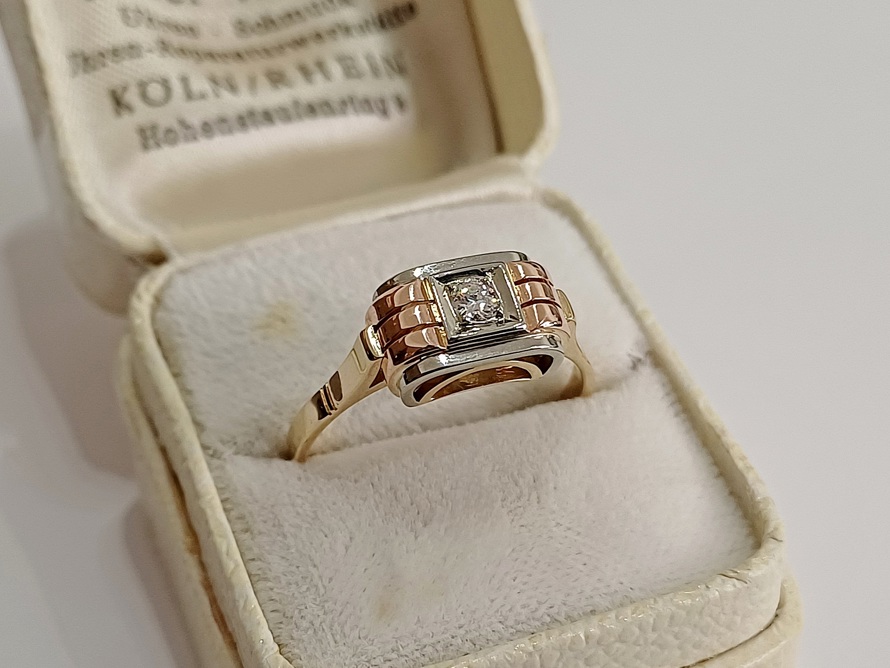 zlatý dámský prsten s diamantem, Art Deco, Au 585/1000, 14 kt, I. ČSR