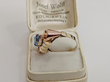 zlatý prsten se safírem, Au 585/1000, 14 kt, Art Deco, I.ČSR