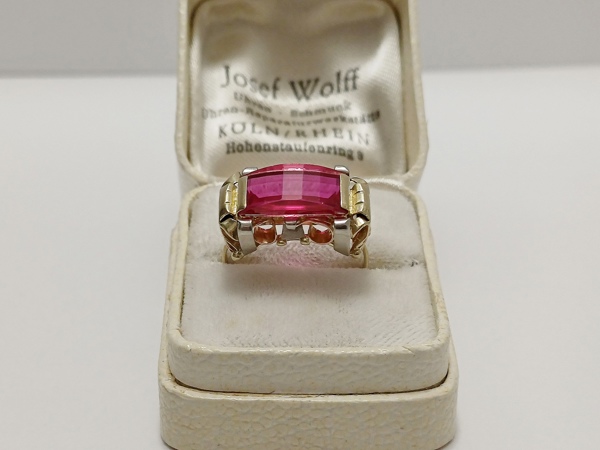 zlatý dámský prsten s rubínem, Au 585/1000, 14 kt, Art Deco, I.ČSR
