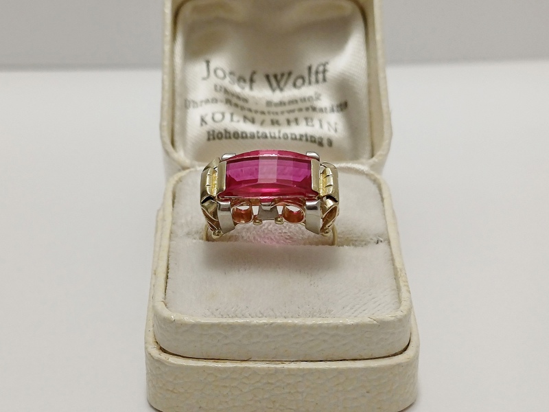 zlatý dámský prsten s rubínem, Au 585/1000, 14 kt, Art Deco, I.ČSR