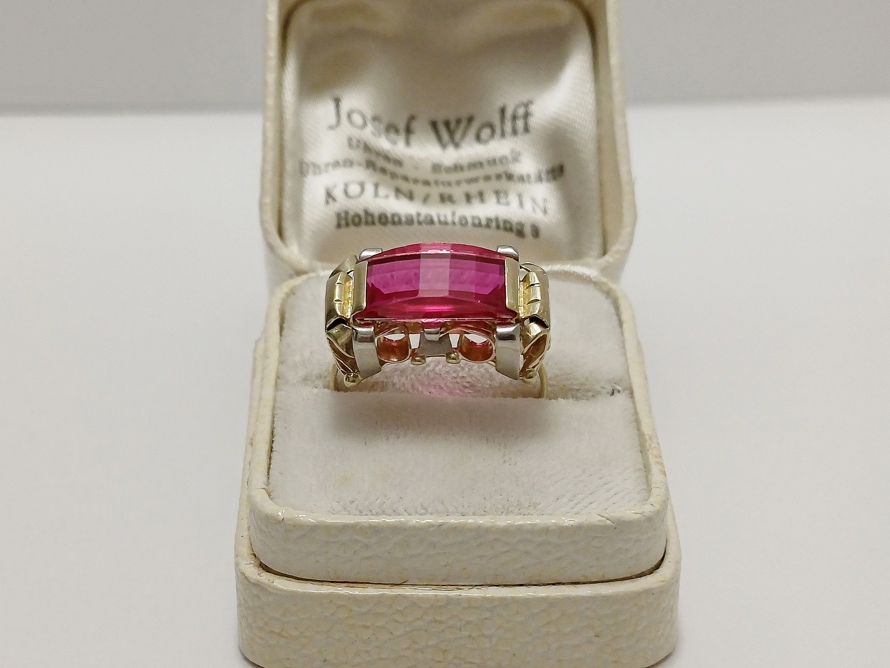 zlatý dámský prsten s rubínem, Au 585/1000, 14 kt, Art Deco, I.ČSR