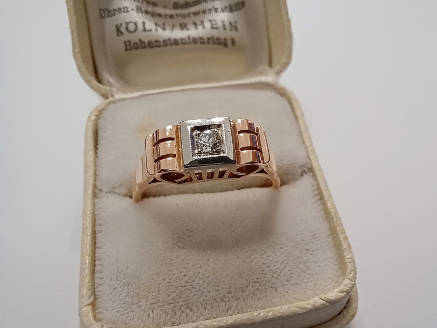 zlatý dámský prsten s diamantem, Art Deco, Au 585/1000, 14 kt, Vídeň