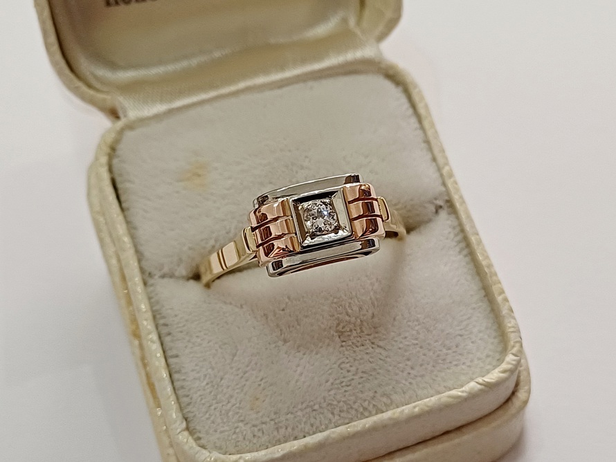 zlatý dámský prsten s diamantem, Art Deco, Au 585/1000, 14 kt, I. ČSR