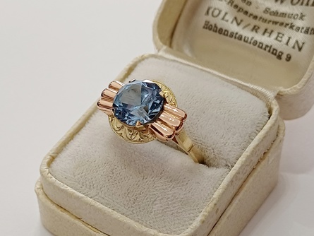 zlatý prsten se safírem, Au 585/1000, 14 kt, Art Deco, I.ČSR