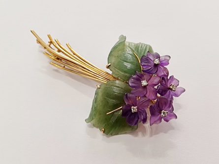 Starožitná zlatá brož - fialky, ryzost 750/18k, 14,50 g, Art Deco