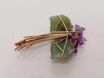 Starožitná zlatá brož - fialky, ryzost 750/18k, 14,50 g, Art Deco