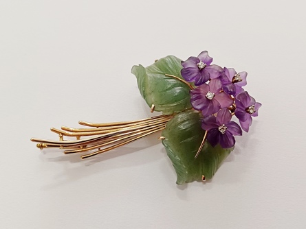 Starožitná zlatá brož - fialky, ryzost 750/18k, 14,50 g, Art Deco