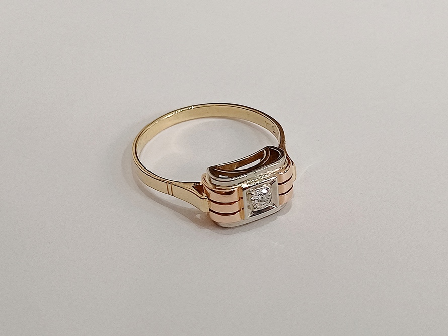 zlatý dámský prsten s diamantem, Art Deco, Au 585/1000, 14 kt, I. ČSR