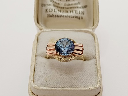 zlatý prsten se safírem, Au 585/1000, 14 kt, Art Deco, I.ČSR