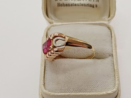zlatý dámský prsten s rubínem, Au 585/1000, 14 kt, Art Deco, I.ČSR